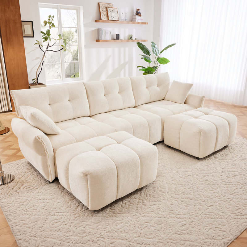 Canapé modulaire 3 places en U avec 2 repose-pieds et coussins, Chenille blanche