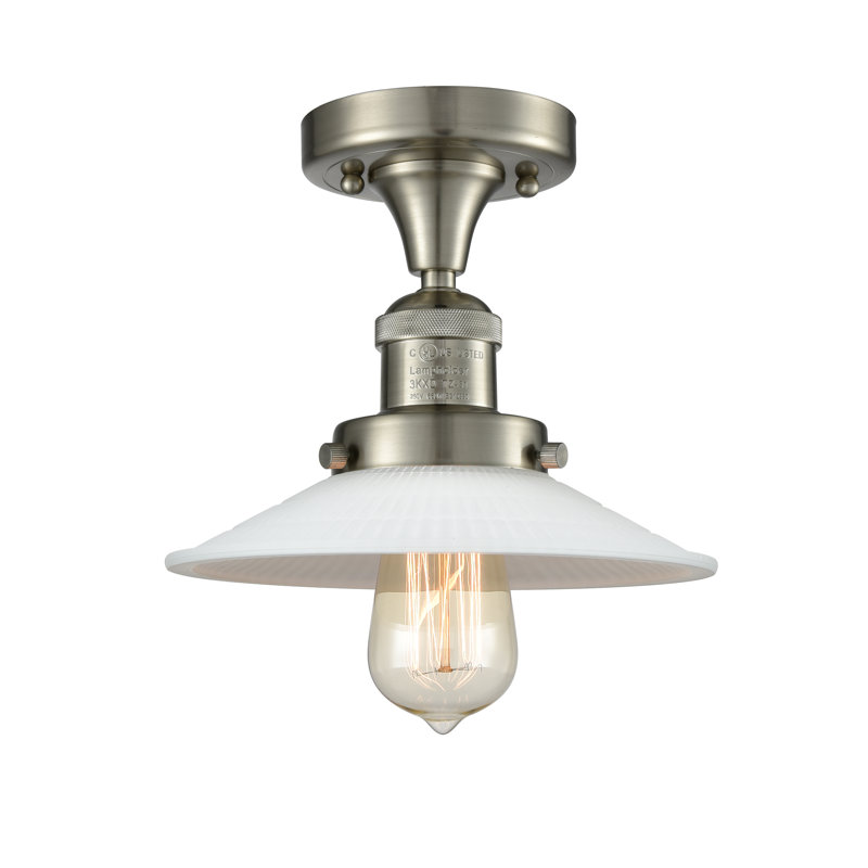 Katalina Glass Semi Flush Mount, Matte White Halophane, 6 Watt Vinage LED Bulb, Satin Gold