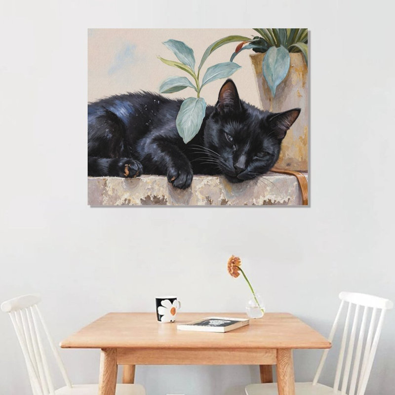Chat noir endormi, cadre en bois intégré, l 16 x L 20