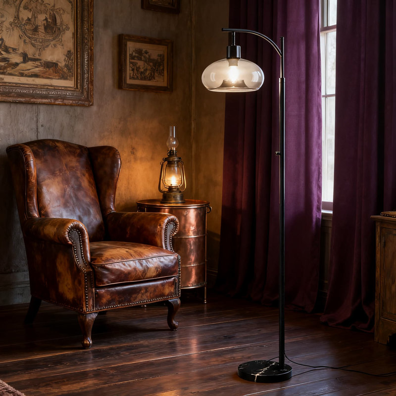Dimmable Floor Lamp With Handblown Glass Shade And Marble Base, Modern Standing Lamp For Living Room, Office, And Bedroom, Industrial Tall Pole Design With Included LED Bulb