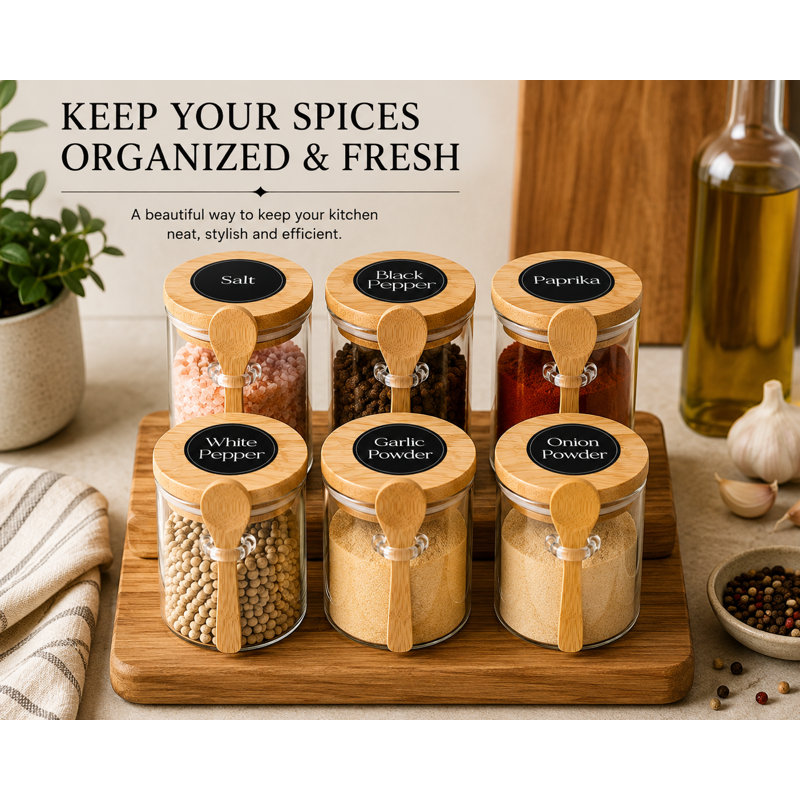 Ensemble de pots à épices en verre avec couvercles et cuillères en bambou, pots de rangement en verre borosilicaté avec étiquettes pré-imprimées et vierges