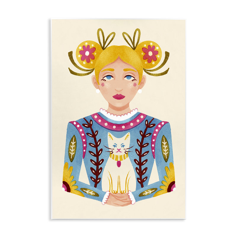 «Blonde Folk Girl with Cat», plaque murale par Hannah Moren, H 15 po x l 10 po