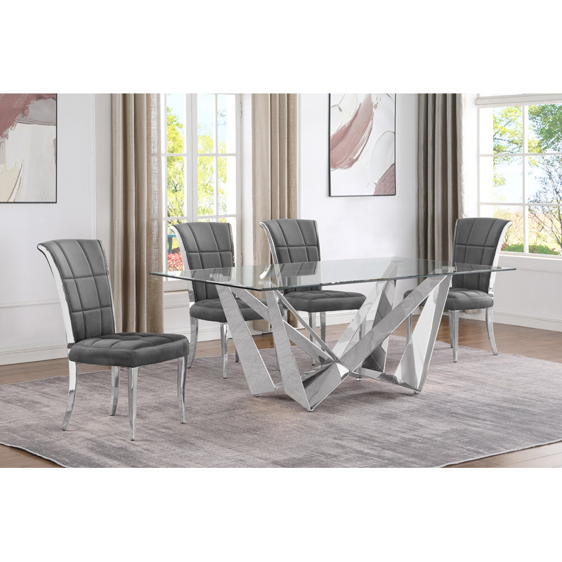 Kennise Glass Top Double Pedestal Dining Set, Gray/Silver, 5, Silver