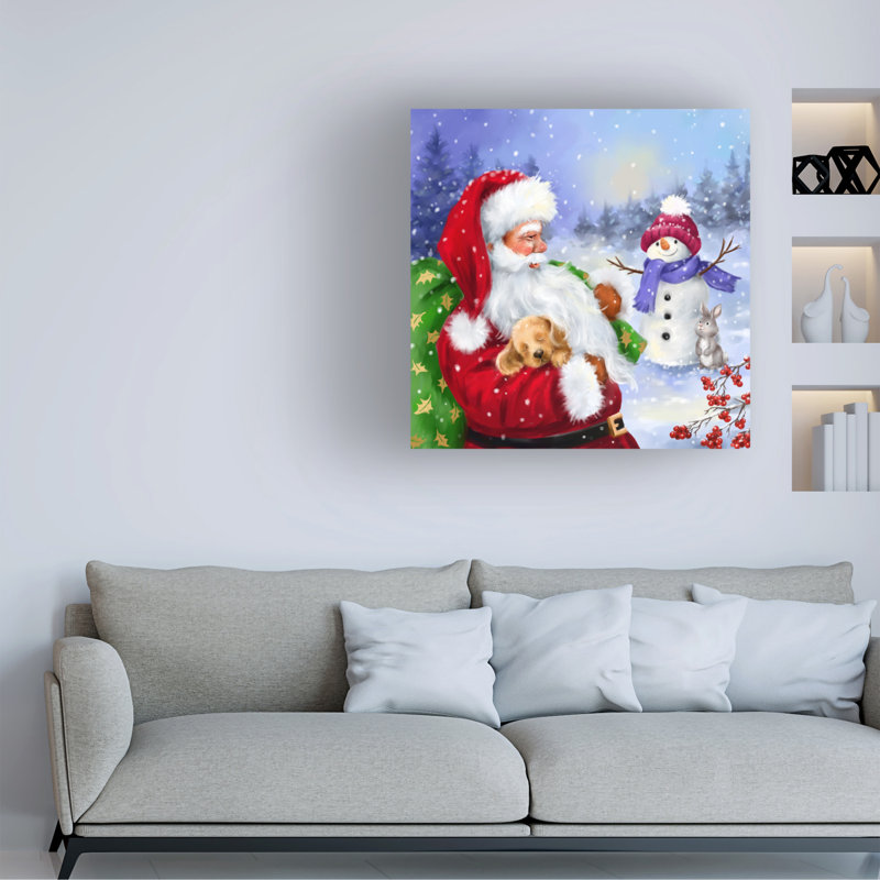 Art sur toile Jean Jean Père Noël avec un chiot endormi et bonhomme de neige, H 14 po x l 14 po
