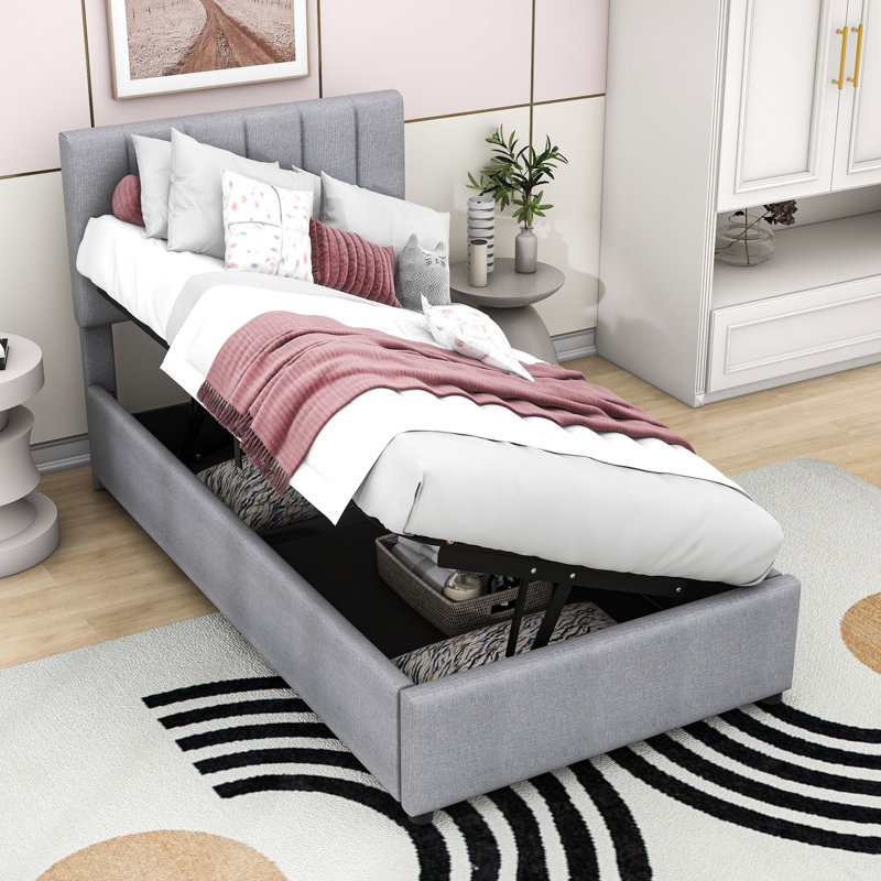 Lit plateforme simple tapissier avec système de rangement, gris