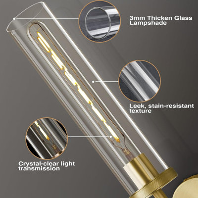 Applique murale or antique avec tube en verre transparent, éclairage mural de luxe moderne pour le salon, la chambre à coucher, la salle de bain, l'escalier et le couloir (ampoule incluse)