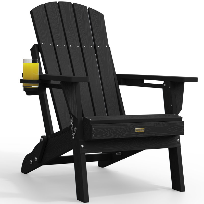 Weather-Resistant Adirondack Chairs with Cup Holder: Outdoor Plastic HDPE Folding Adirondack Chairs for Fire Pit/Deck/Porch/Garden/Lawn/Backyard (Black)