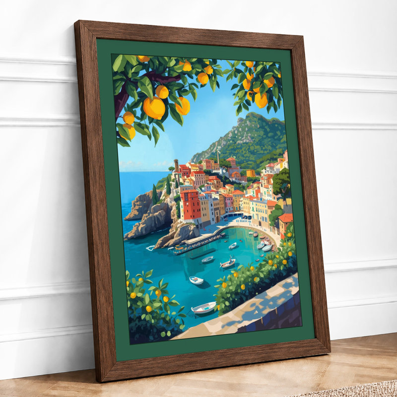 Cliffside Village Charm Retro - Framed Print, Walnut, A4 - 29.7 x 21.0 cm