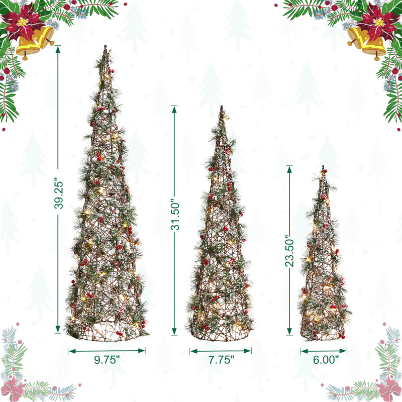 Set Of 3 Lighted Christmas Plastic Cone Tree With 75 Warm White LED Lights