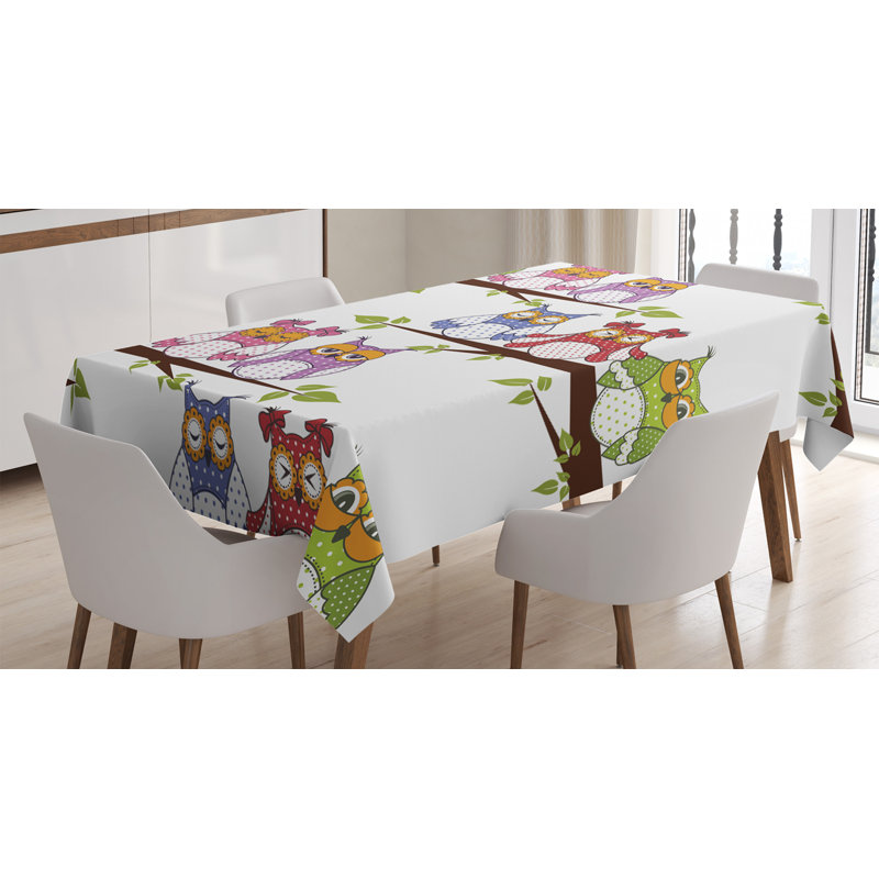 Owls Tablecloth, Owls On The Tree Branches Sitting In Horizontal Line Friendship Event Themed Artwork, Rectangular Table Cover For Dining Room Kitchen Decor, 52" X 70", Multicolor