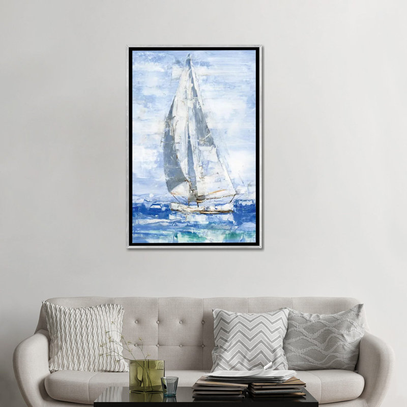 «Blue Sails I» par Ethan Harper - reproduction d'art, H 48 po x l 32 po x P 1,5 po, Pas de tapis, Toile avec cadre argenté