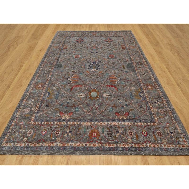 8'11" x 12'1" Brunette Brown Scrolls Leaf Design Hand Knotted Silk and Wool Rug