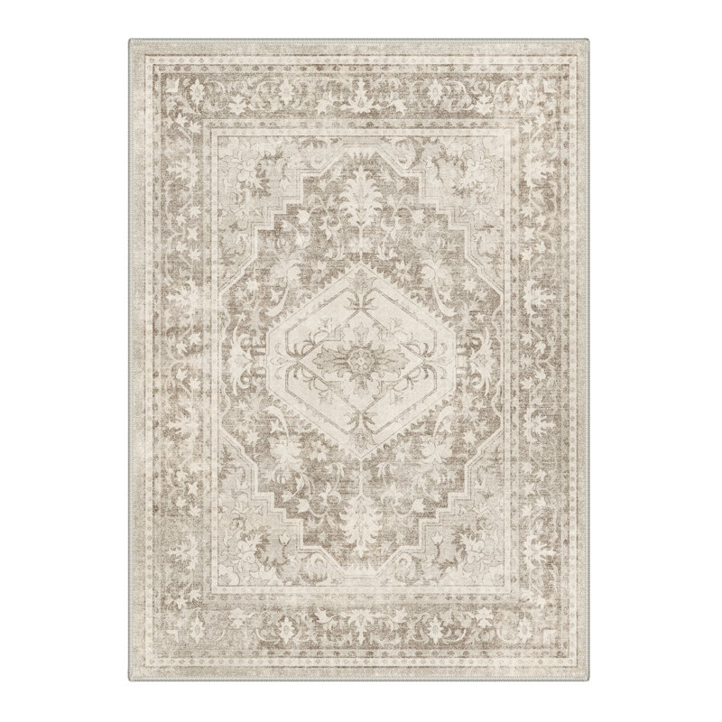 Tapis oriental beige / taupe lavable à la machine avec envers antidérapant, Rectangle 9 pi x 12 pi