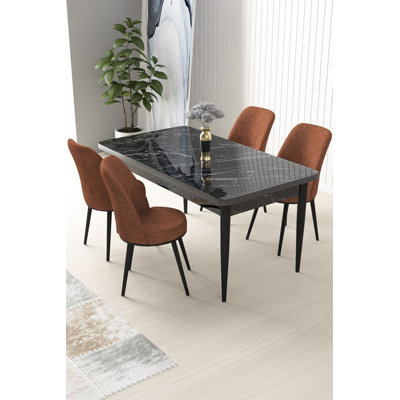 Ensemble de table et chaises de salle à manger moderne 5 pièces, marbre noir et tuile rouge | 100% panneau de particules revêtu de mélamine, table: 43,3 po x 29,9 po x 27,9 po, chaises: 17,7 po de hauteur | Pieds en métal, tissu Jerry, coussins en mousse confortables pour le dossier et le siège