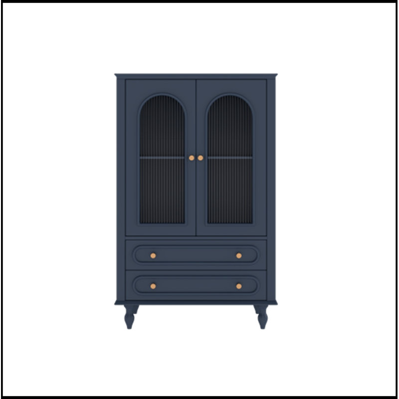 Display Cabinet with Ribbed Glass Doors, 2 Drawers and Adjustable Shelf, Blue