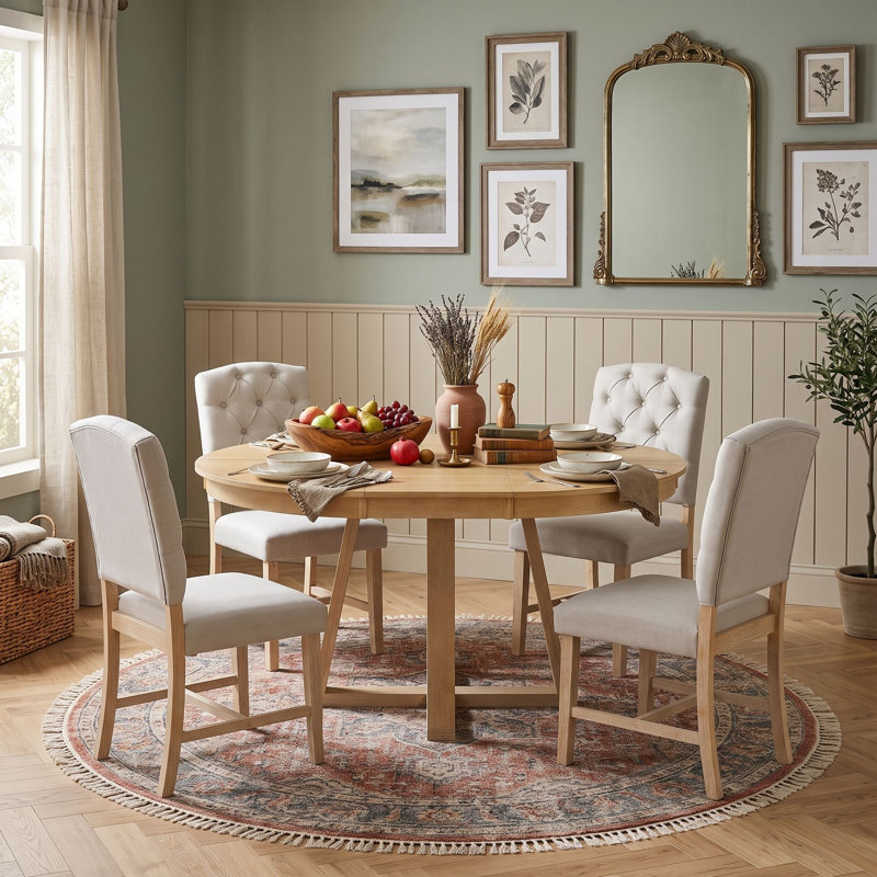 Ensemble de salle à manger extensible 5 pièces avec chaises rembourrées et rallonge, Naturel