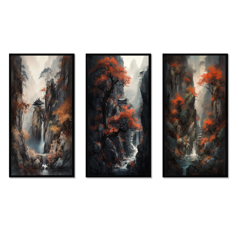 «Cascading Botanical Trees», 3 pièces sur toile, H 32 po x l 48 po, Cadre flottant noir