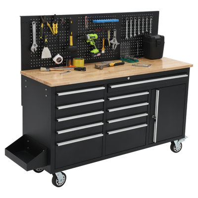 61" Workbench, Heavy Duty Wood Top Work Table with Drawers and Pegboard, Work Bench Organizers with Power Outlet, Wheels, Mobile Workstation for Garage, Workshop