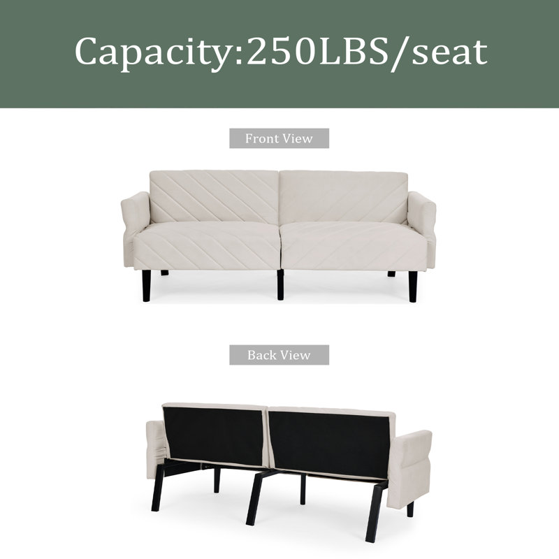 Canapé-lit en velours pliable convertible avec accoudoirs réglables, Velours beige