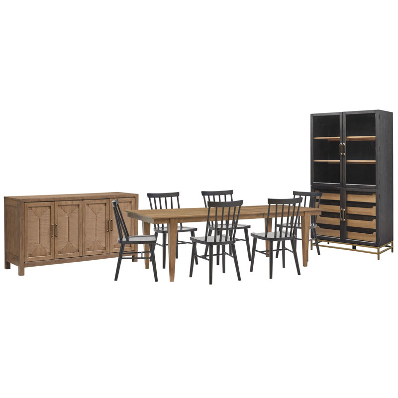 Extendable Rectangular Dining Table With 4 Grey Side Chairs, 9 Pcs: Table, 6 Chairs, Sideboard, Cabinet