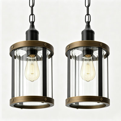 Suspension vintage – Structure rustique noire et bronze avec verre transparent rayé, hauteur réglable, compatible E26 60 W, intensité variable, installation facile – Idéale pour la décoration de la salle à manger et de l'îlot de cuisine (lot de 2)