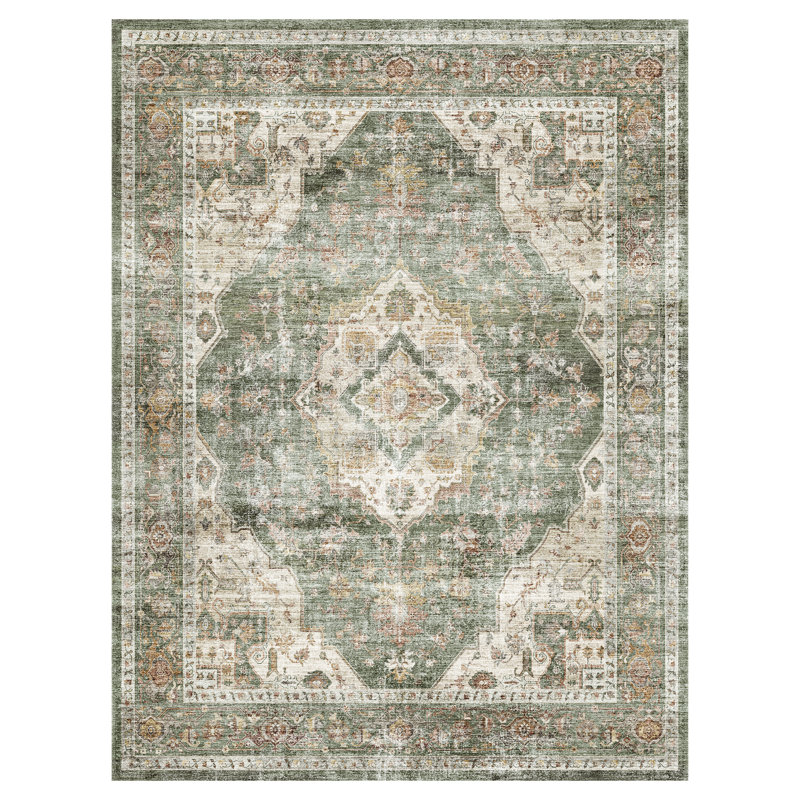 Tapis oriental lavable à la machine vintage vert sauge pour salon, chambre à coucher, Vert sauge, Rectangle 9 pi x 12 pi