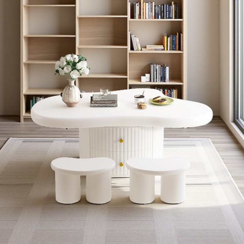 Ensemble de 3 tables basses Cloud, de forme irrégulière avec 2 tiroirs et 2 petits tabourets de salon