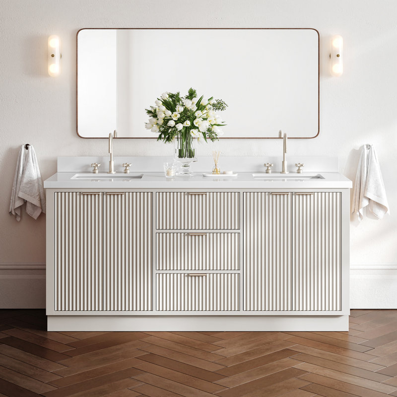 Meuble-lavabo double 72 po en bois massif avec plateau en quartz blanc 1,5 po et lavabo rectangulaire blanc chaud