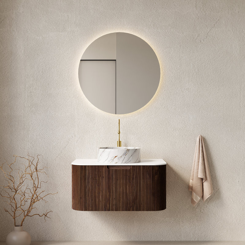 Meuble-lavabo de salle de bain avec lavabo, armoire de rangement murale avec tiroir et lavabo en céramique, Noyer