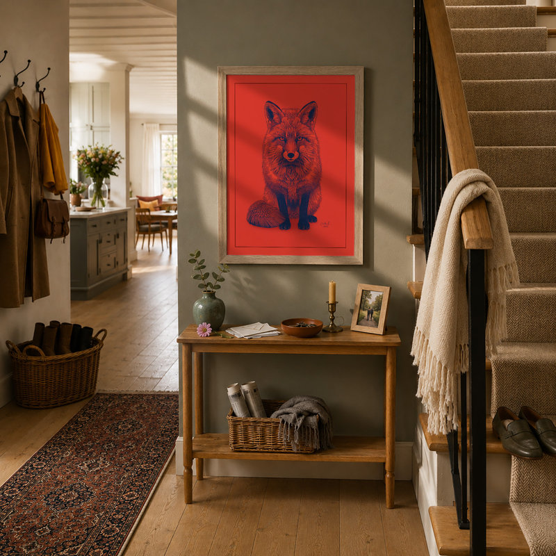 Confrontal Fox Modern - Framed Print, A2 - 59.4 x 42.0 cm, Oak