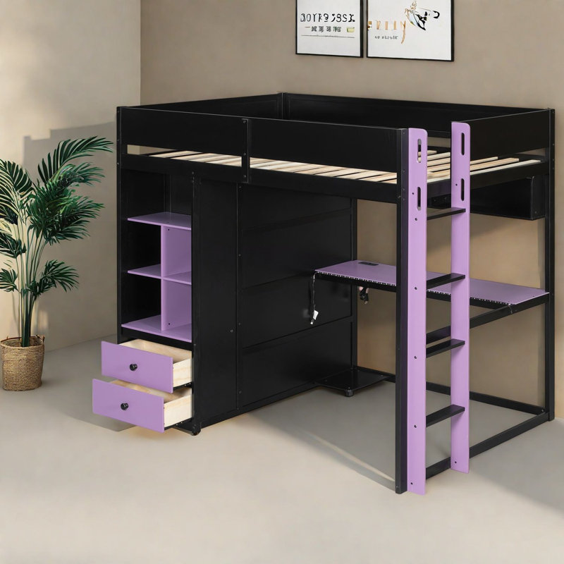 Lit mezzanine avec rangement, lit de bureau moderne en MDF entièrement en bois, idéal pour les jeux et la maison, Noir 2