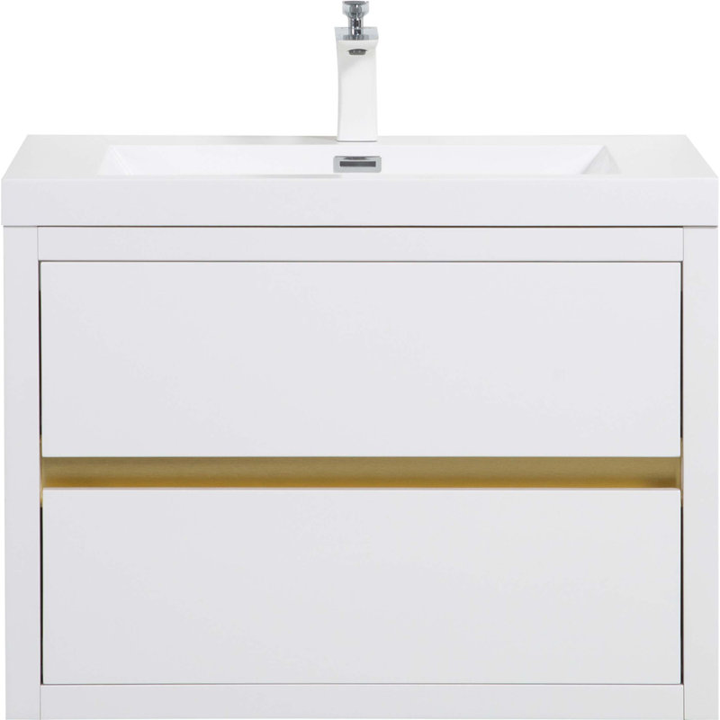 Meuble-lavabo mural avec lavabo, armoire de rangement flottante avec comptoir en résine de pierre et tiroirs à fermeture en douceur