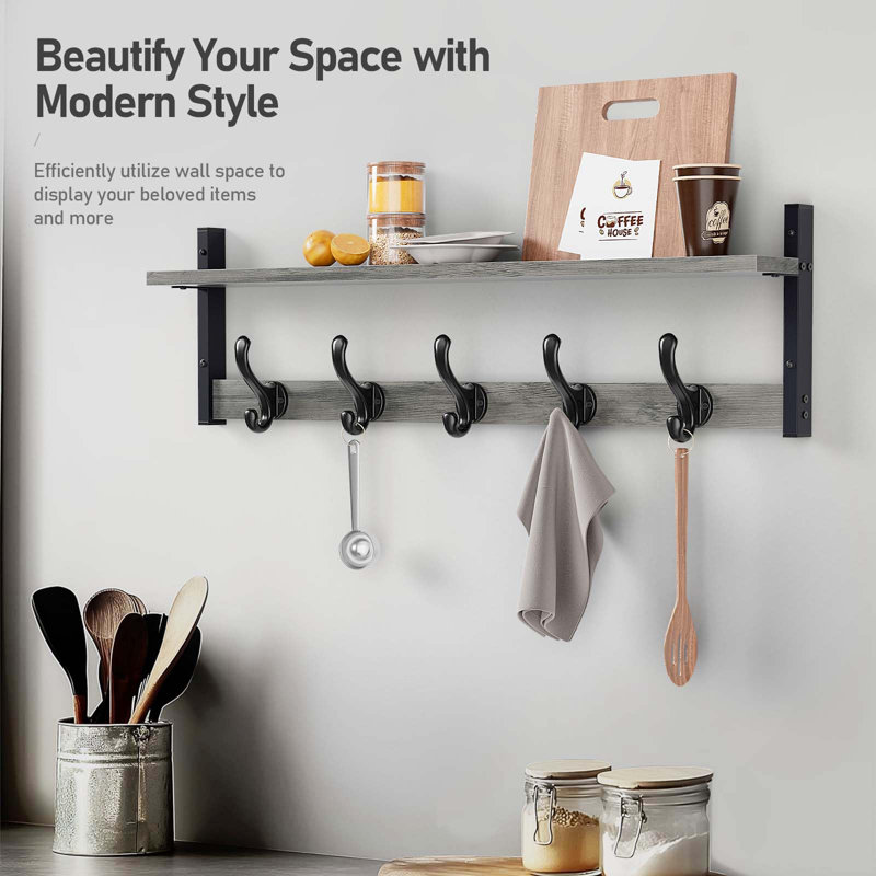 Portemanteau mural 29 "avec tablette, crochets muraux pour entrée et tablette, Gris