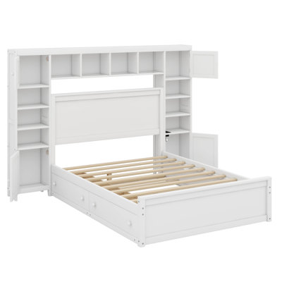 Lit double en bois avec tablettes et prises de courant polyvalentes