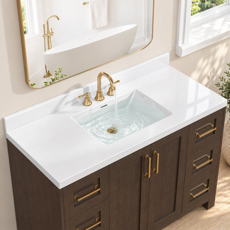 Plan de toilette blanc de 122 cm (48 po) en surface solide avec lavabo central intégré, dosseret de 9 cm (3,5 po) et 3 trous prépercés pour robinet à entraxe de 20 cm (8 po).