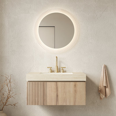 Meuble-lavabo de 91 cm avec lavabo en céramique et comptoir en pierre frittée, armoire de rangement suspendue en contreplaqué, porte de tiroir, préassemblé, finition chêne blanc beige, système de fermeture amortie pour la vasque, pierre, armoire