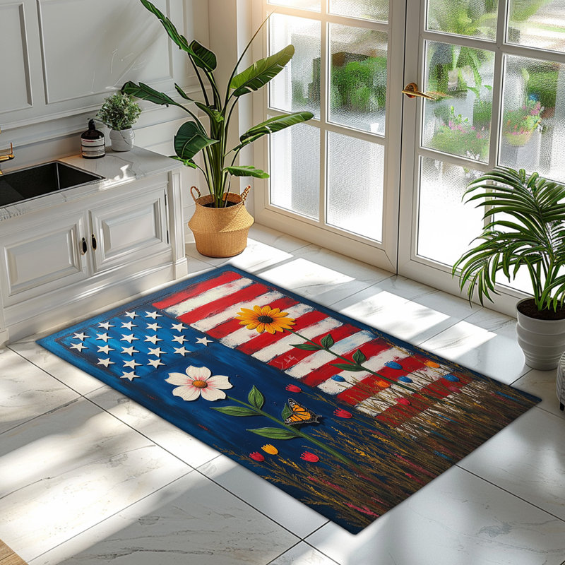 Tapis drapeau américain avec fleurs, Rectangulaire 3 pi x 5 pi