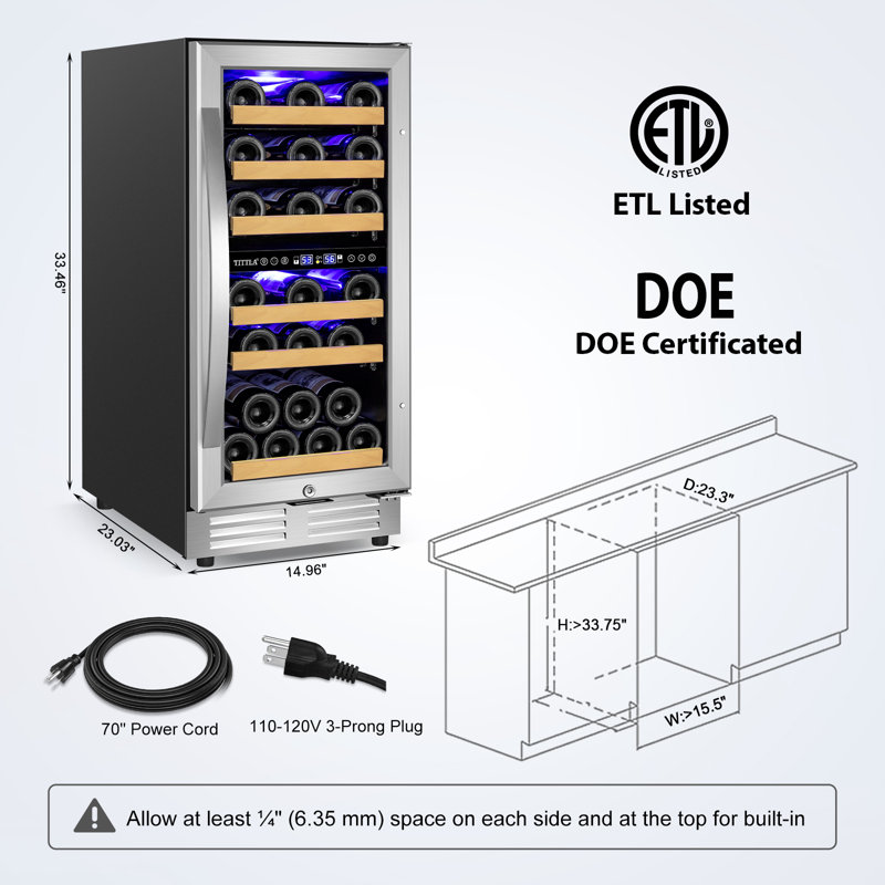 15" Wine Premium Refrigerator 30 Bottle Dual Zone Wine Cooler with Two Handle and Reversible Hinge