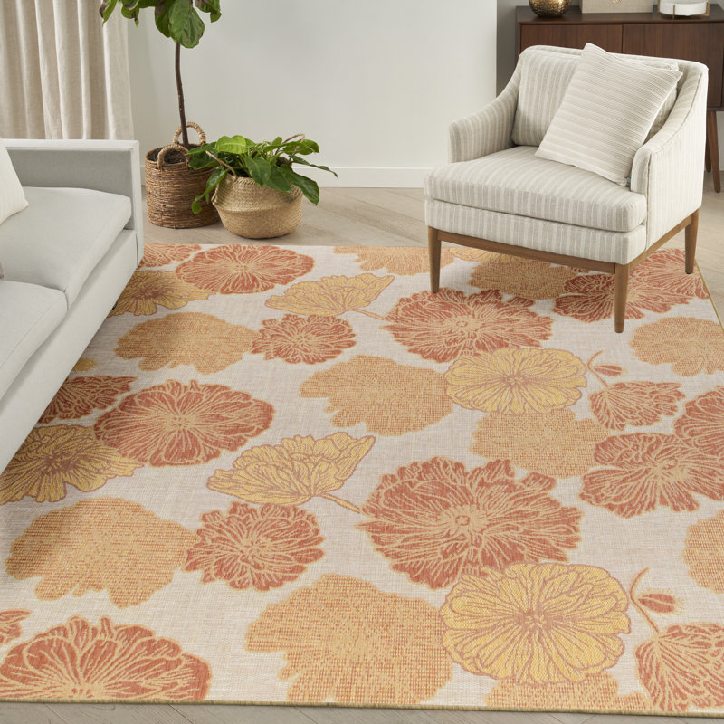 Pearletta Floral Polypropylene Indoor/Outdoor Area Rug in Orange/Coral, Rectangle 9' x 12'