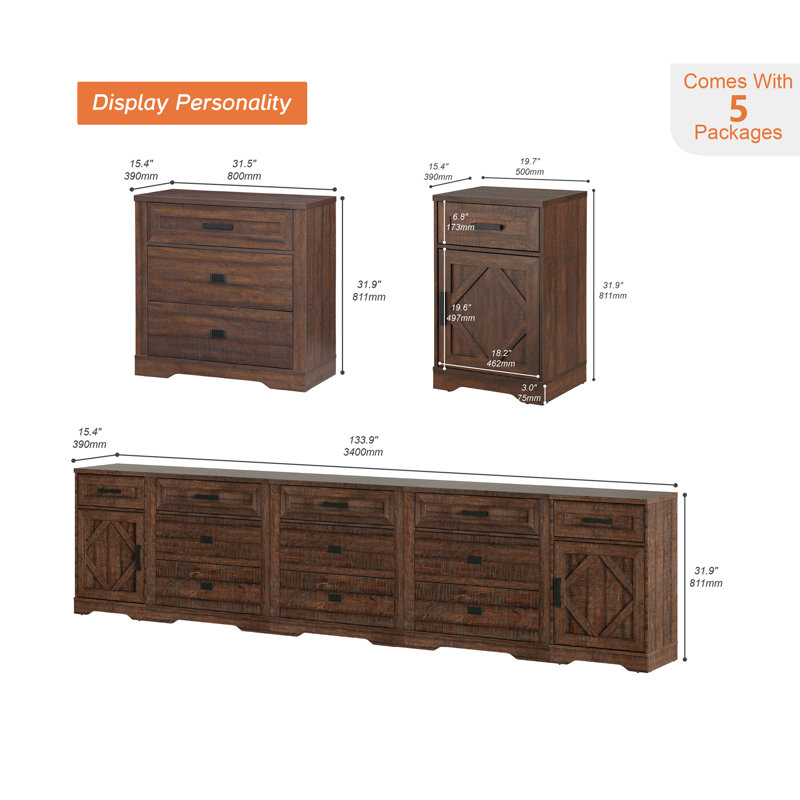 Laziza 5-In-1 Large Farmhouse Wood Entertainment Center With Drawers, Dark Brown Wood