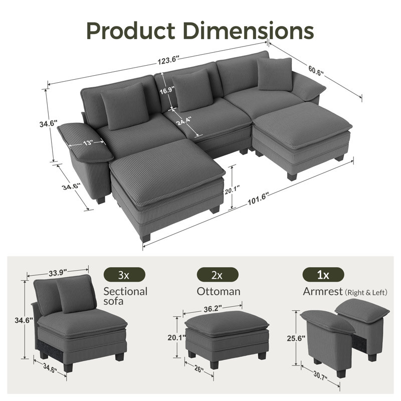 124" Modular Sectional Sofa, Oversized U Shaped Couches With Ottomans, 5-seater Deep Seat Sofa With Throw Pillow