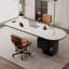 Bureau semi-circulaire noir + blanc + bois manufacturé + acier + acrylique avec 2 tiroirs-465976-465982
