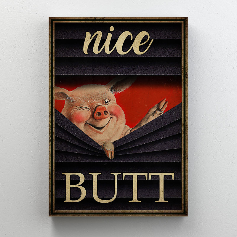 Cochon peeping - jolie toile tendue avec toile tendue - décor d'illustrations de salle de bain et de lessive, noir et rose