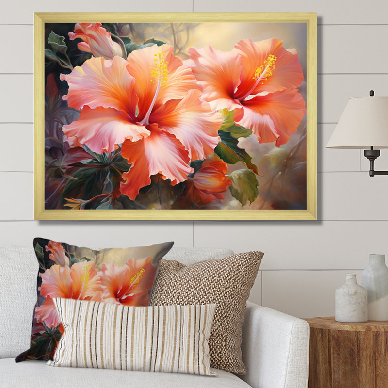 Hibiscus Romantic Impression IV - Floral Canvas Prints, H 34 po x l 44 po x P 1,5 po, Encadrement doré