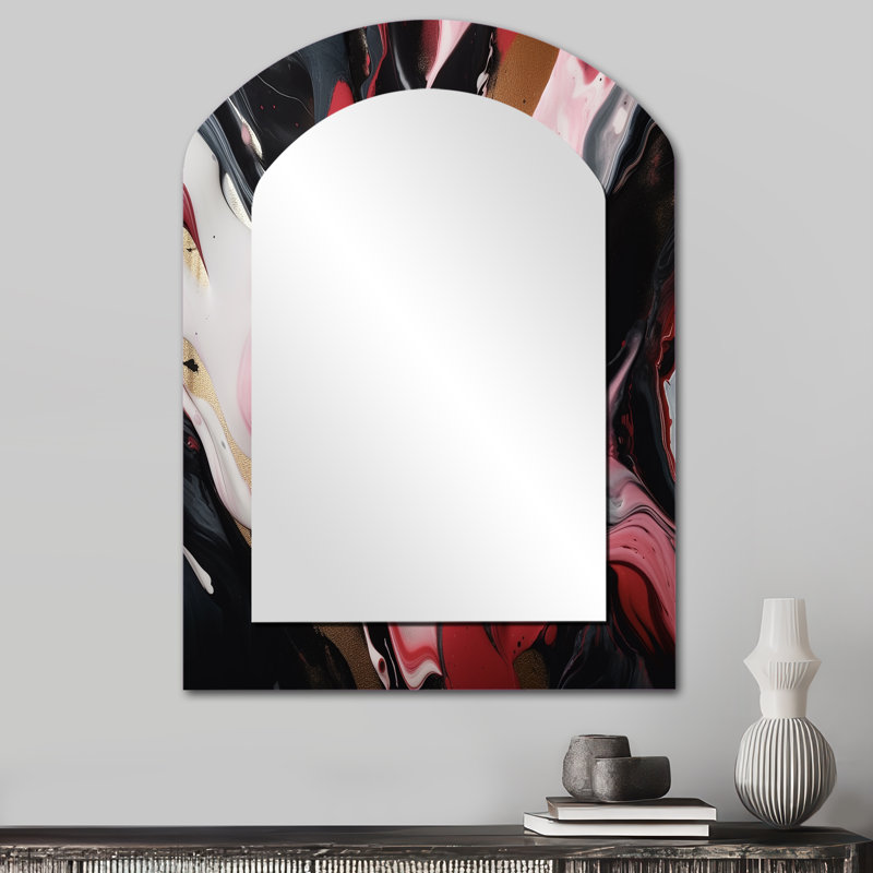 Red And Black Ethereal Agate - Marble Asymmetrical Decorative Wall Mirror, Red Arch Large Mirror, Printed Metal Art