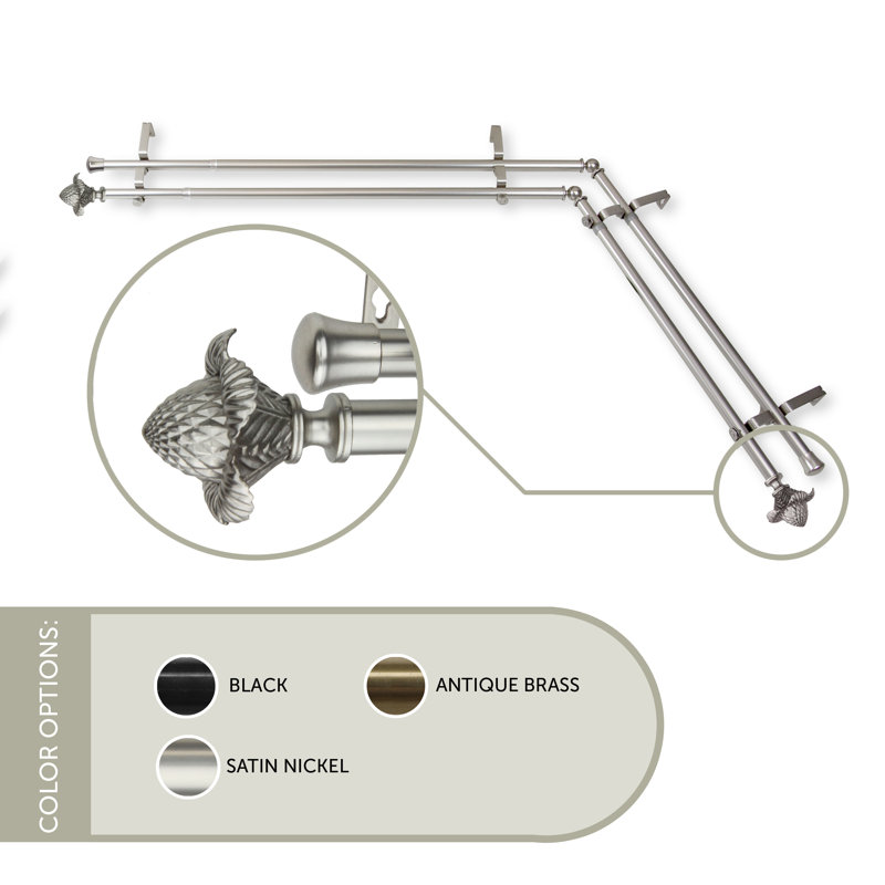 Ensemble de tringle à rideaux double et quincaillerie pour fenêtre d’angle Altheimer, H 66 po x l 120 po, Nickel satiné