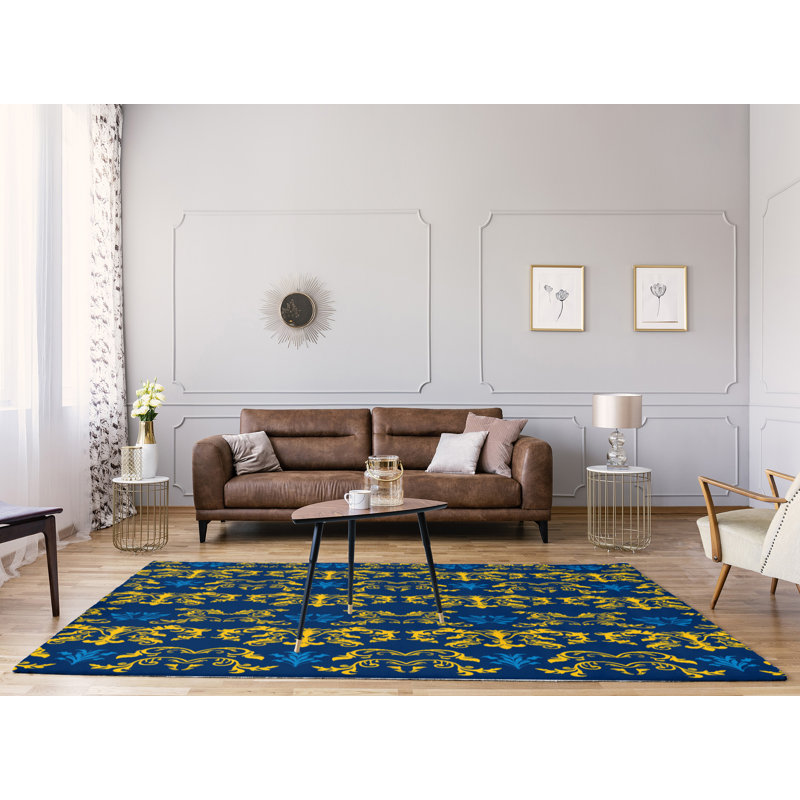 Tapis bleu / jaune Damask, Rectangle 8 pi x 10 pi