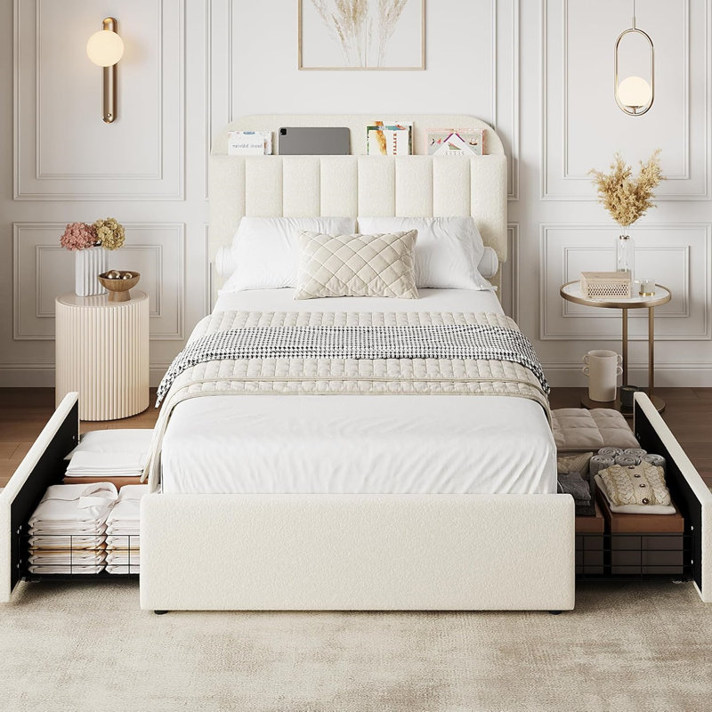 Structure de lit simple TG avec tête de rangement, base de lit pour enfants avec 2 tiroirs, lit plateforme tapissier avec bibliothèque Boucle, aucun sommier nécessaire, assemblage facile, blanc ivoire