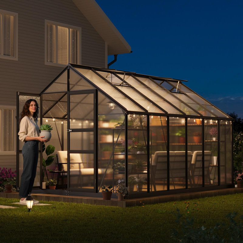 12x8 FT Polycarbonate Greenhouse Outdoor, Aluminum Walk-in Plant House with Roof Vent, Lockable Door & Ground Nails for Garden Backyard