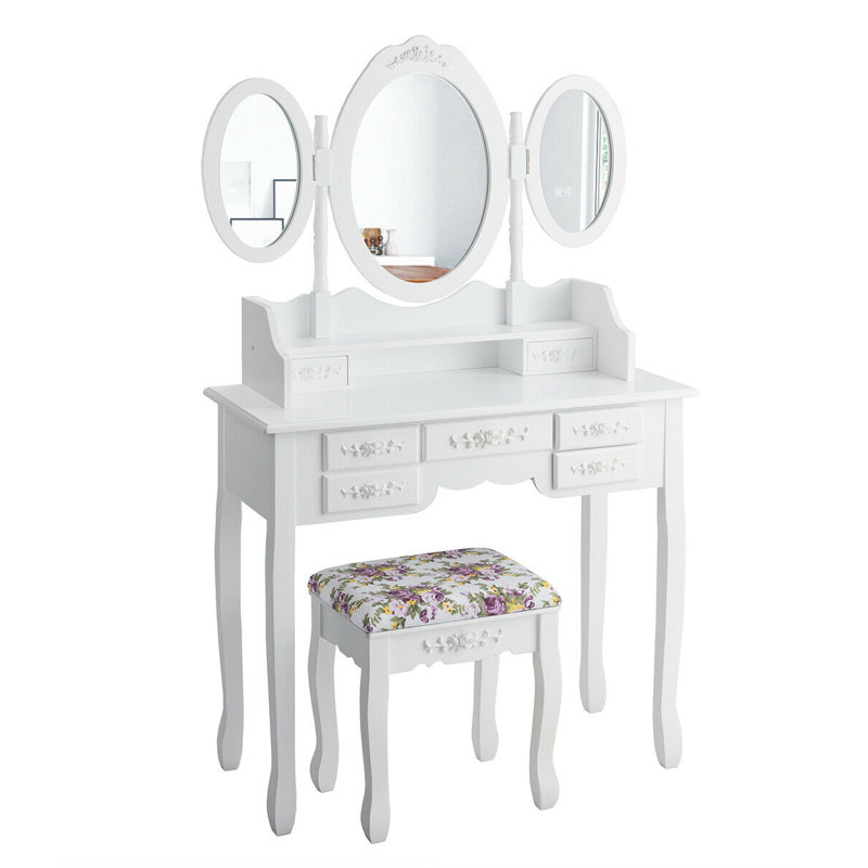 Ensemble coiffeuse avec miroir Clementina, Blanc